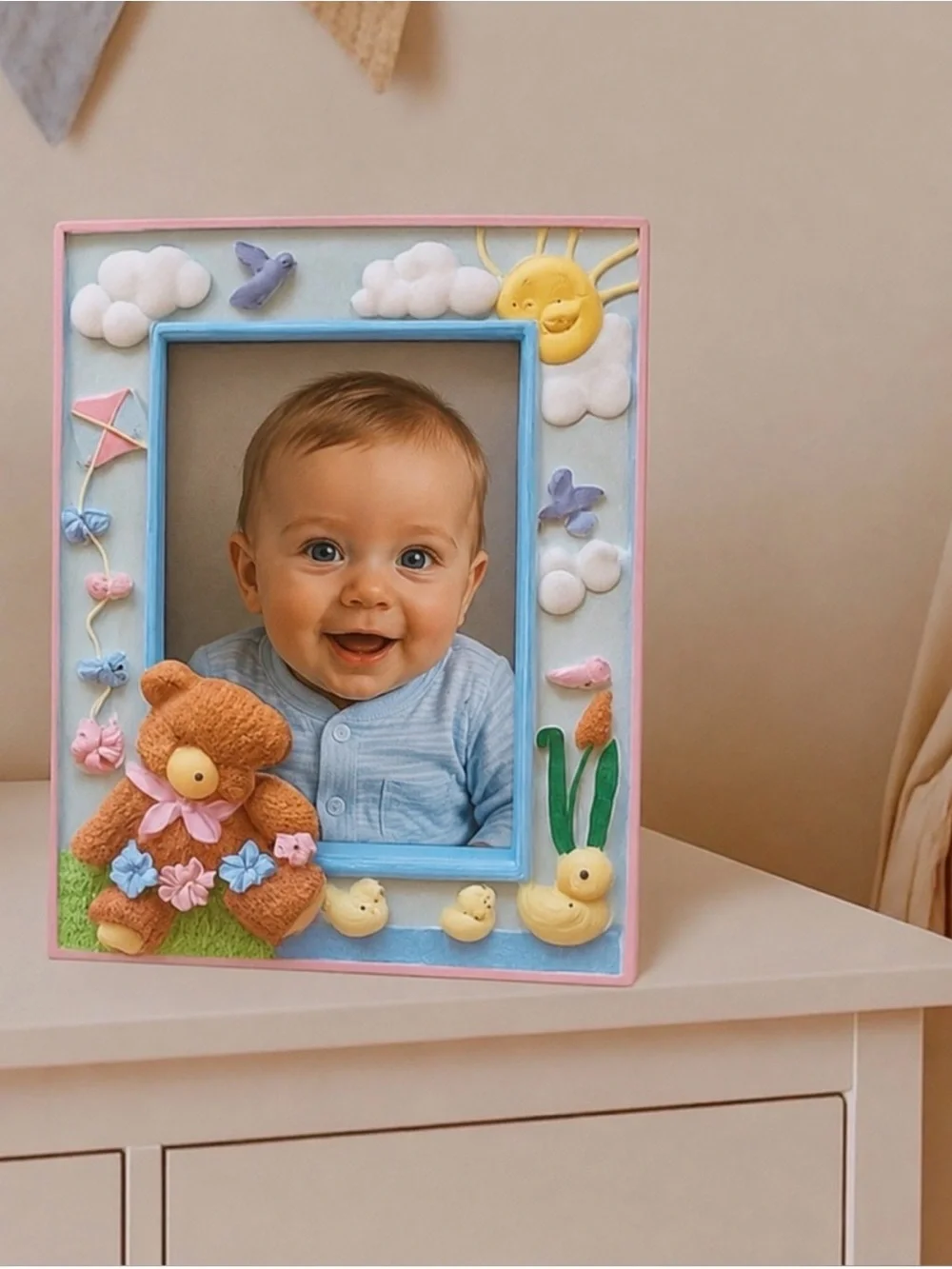 ROMAN Lullaby Baby Picture Frame 3D Teddy Bear Nursery Decor Vintage Gifts NIB
